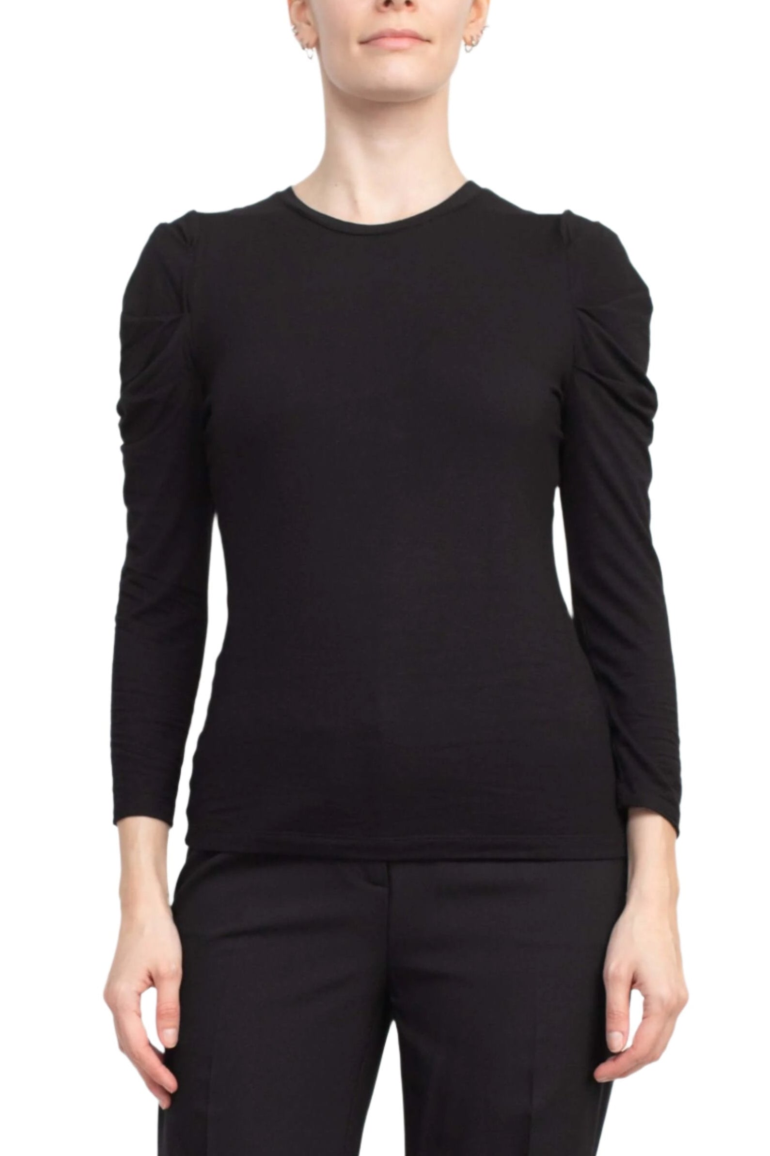 Catherine Malandrino Crew Neck Long Sleeve Ruched Shoulder Solid Knit Top-5